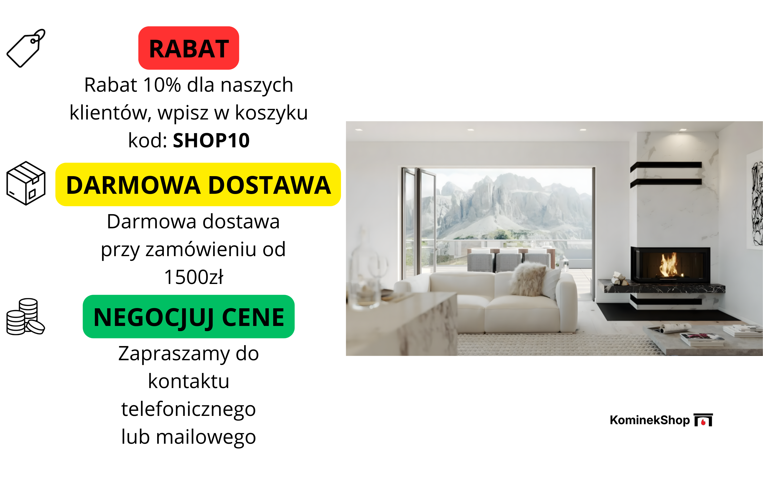 Promocje w sklepie z kominkami – rabat, darmowa dostawa i negocjacja cen