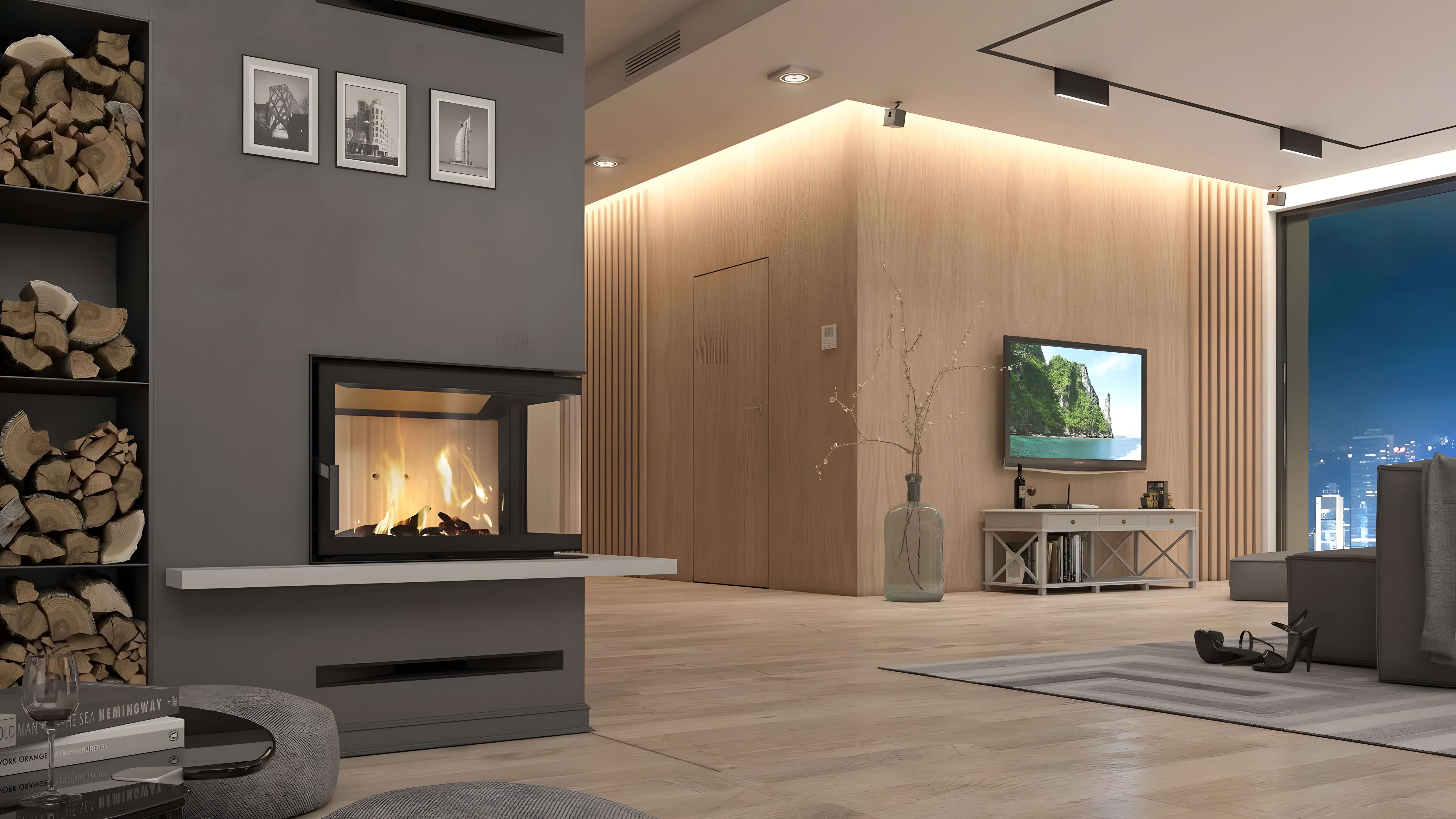 Wkład kominkowy Defro Home Impuls S BL z boczną lewą szybą w nowoczesnej zabudowie