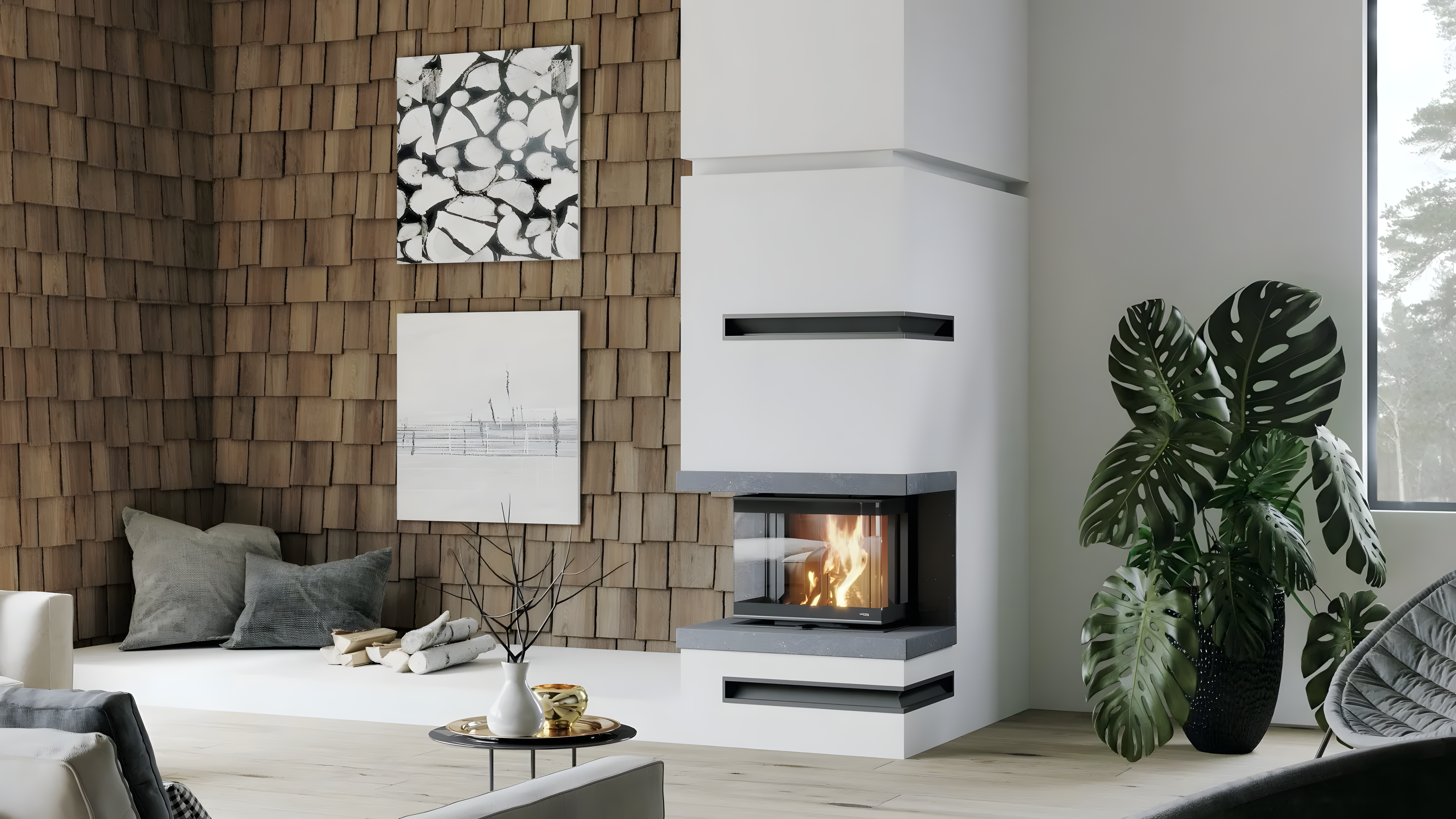 Wkład kominkowy Defro Home Intra S C trzyszybowy z panoramicznym widokiem ognia