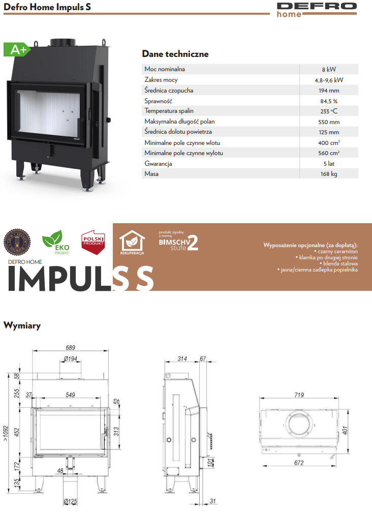 Rysunek techniczny wkładu kominkowego Defro Home Impuls S