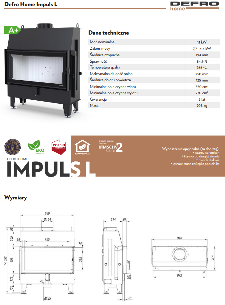 Rysunek techniczny wkładu kominkowego Defro Home Impuls M