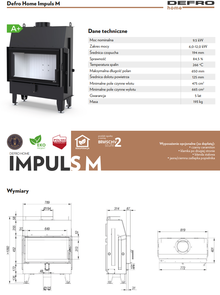 Rysunek techniczny wkładu kominkowego Defro Home Impuls M