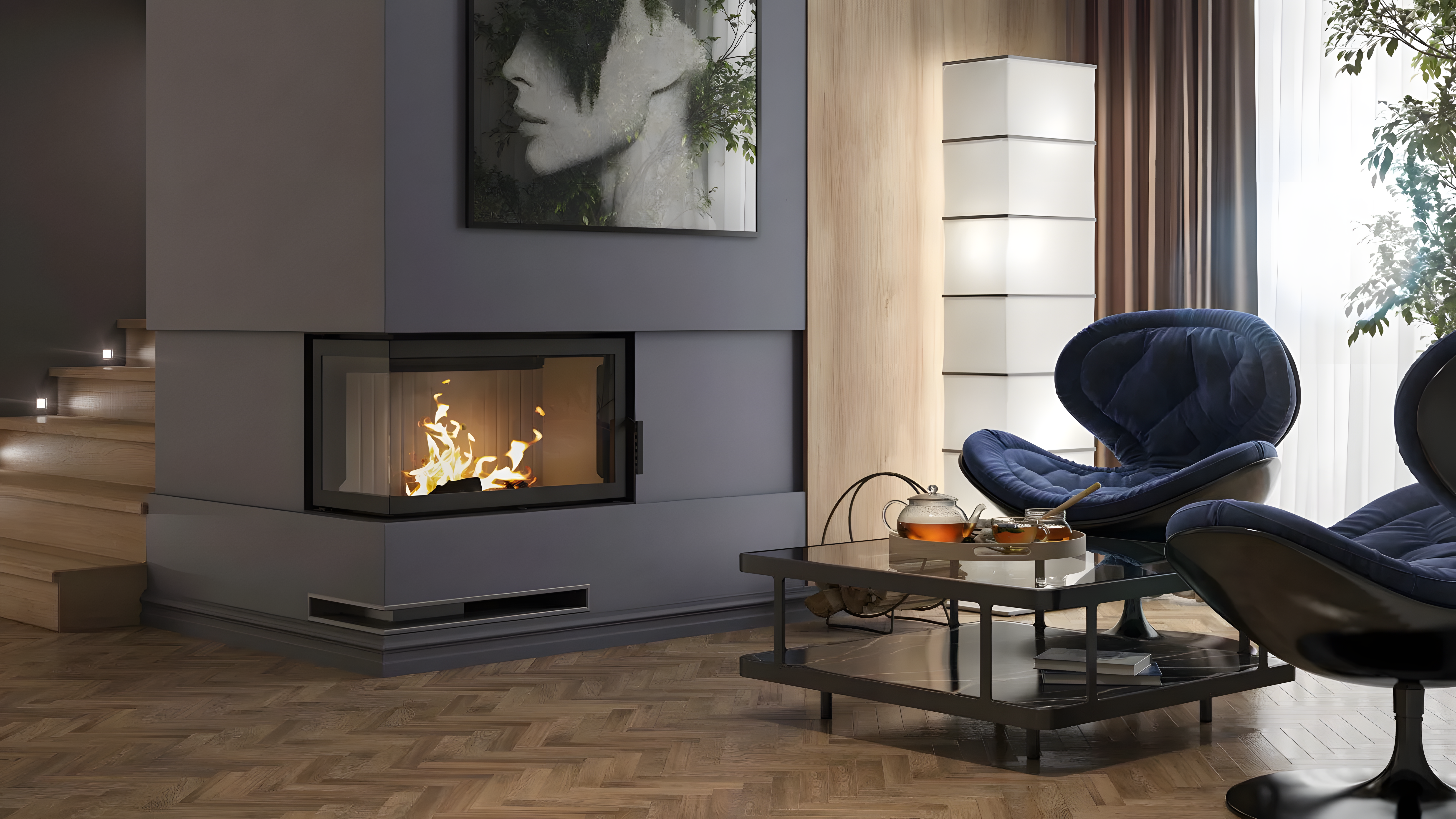 Wkład kominkowy Defro Home Impuls M BP z boczną prawą szybą w nowoczesnej zabudowie