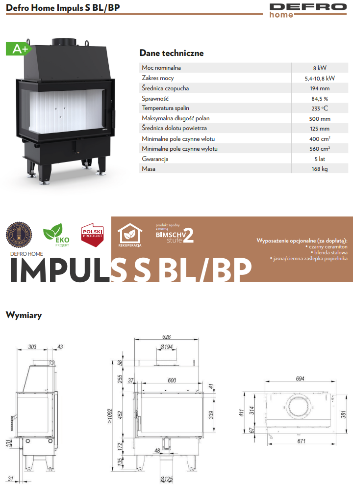 Rysunek techniczny wkładu kominkowego Defro Home Impuls S BL