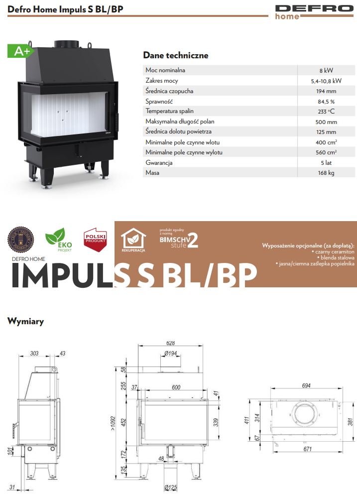 Rysunek techniczny wkładu kominkowego Defro Home Impuls S BP