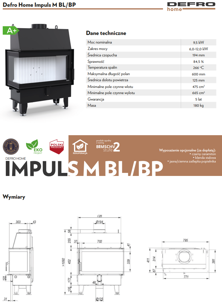Rysunek techniczny wkładu kominkowego Defro Home Impuls M BL