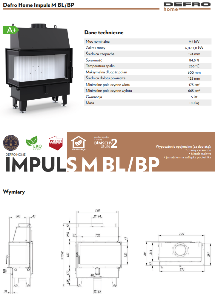 Rysunek techniczny wkładu kominkowego Defro Home Impuls M BP