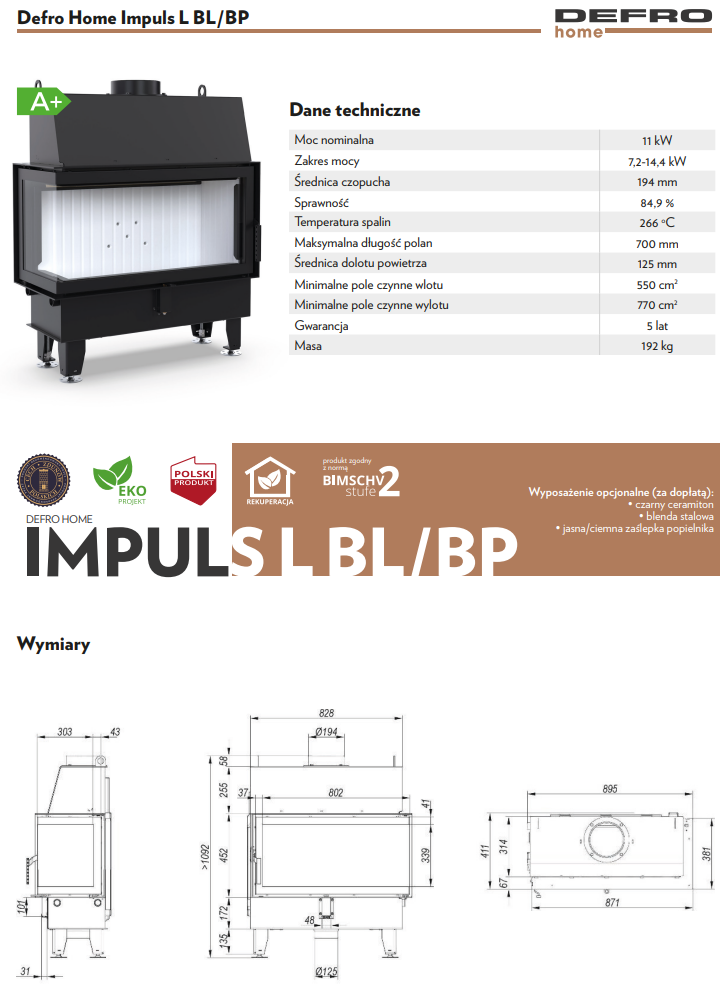 Rysunek techniczny wkładu kominkowego Defro Home Impuls L BL