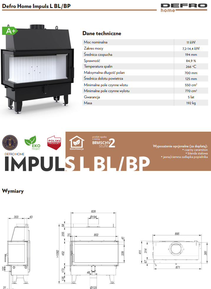 Rysunek techniczny wkładu kominkowego Defro Home Impuls L BP
