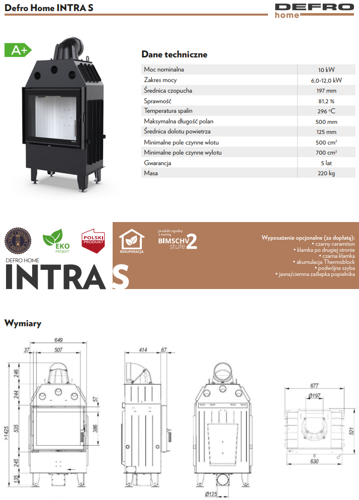 Rysunek techniczny wkładu kominkowego Defro Home Intra S