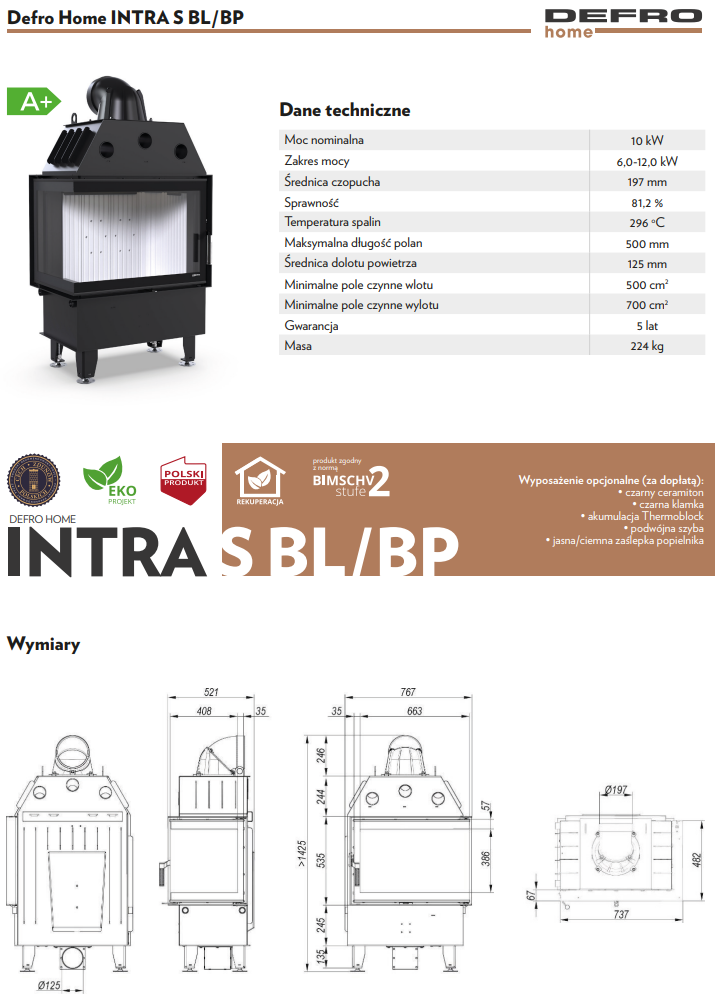 Rysunek techniczny wkładu kominkowego Defro Home Intra S BL