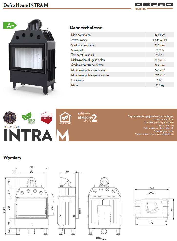 Rysunek techniczny wkładu kominkowego Defro Home Intra M