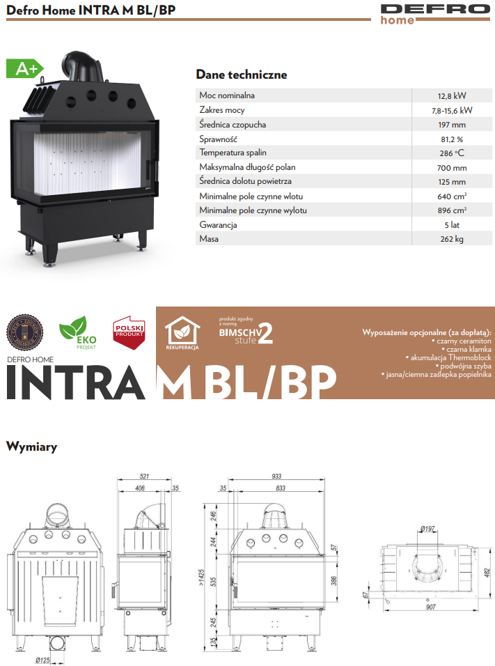 Rysunek techniczny wkładu kominkowego Defro Home Intra M BP