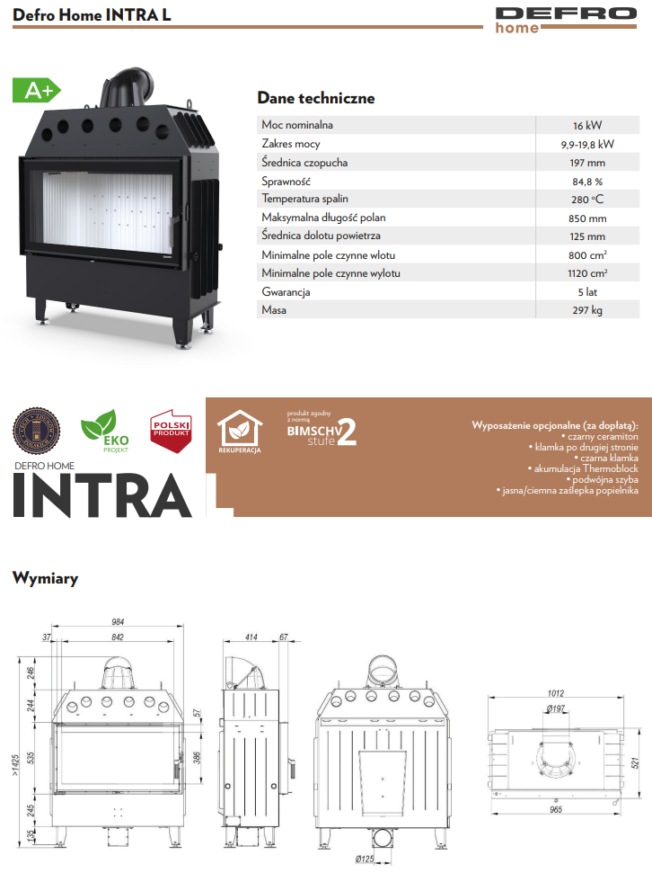 Rysunek techniczny wkładu kominkowego Defro Home Intra L