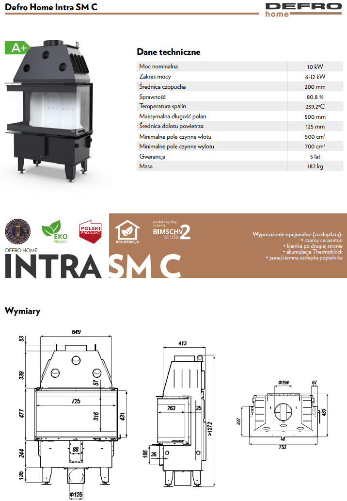 Rysunek techniczny wkładu kominkowego Defro Home Intra S C
