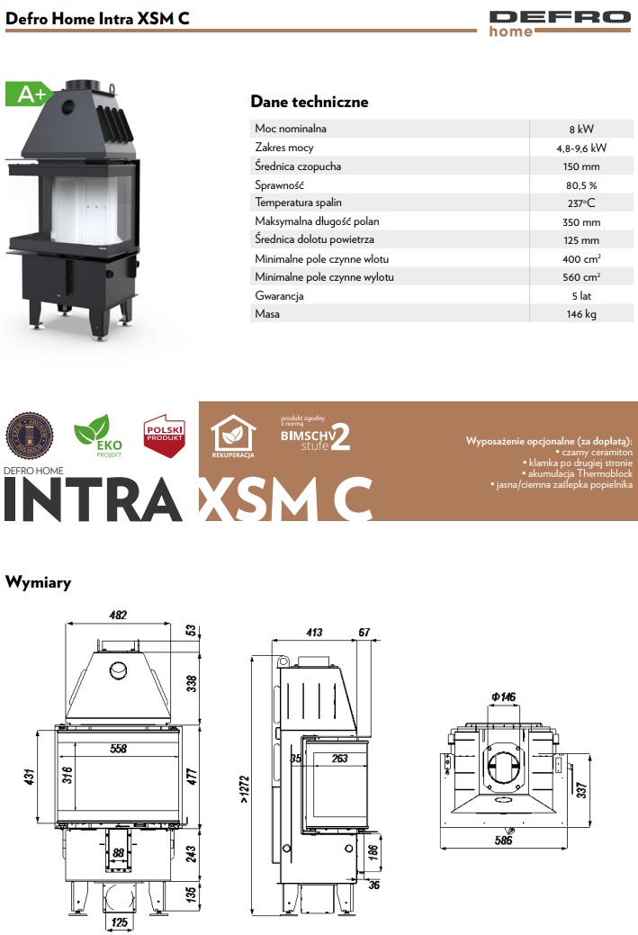 Rysunek techniczny wkładu kominkowego Defro Home Intra XS C