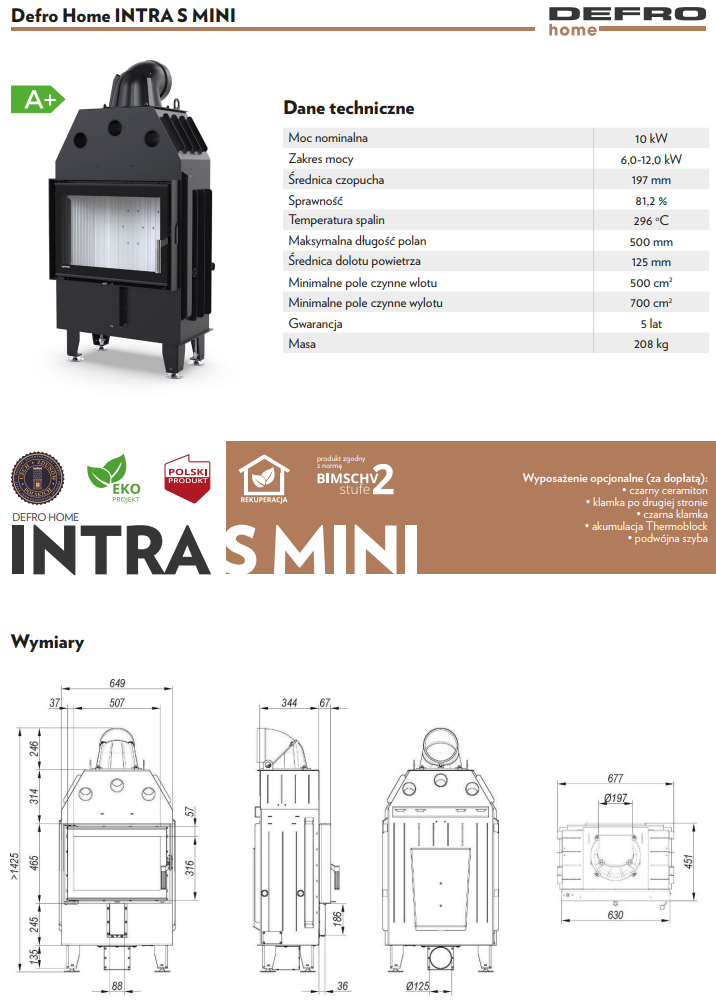 Rysunek techniczny wkładu kominkowego Defro Home Intra S MINI