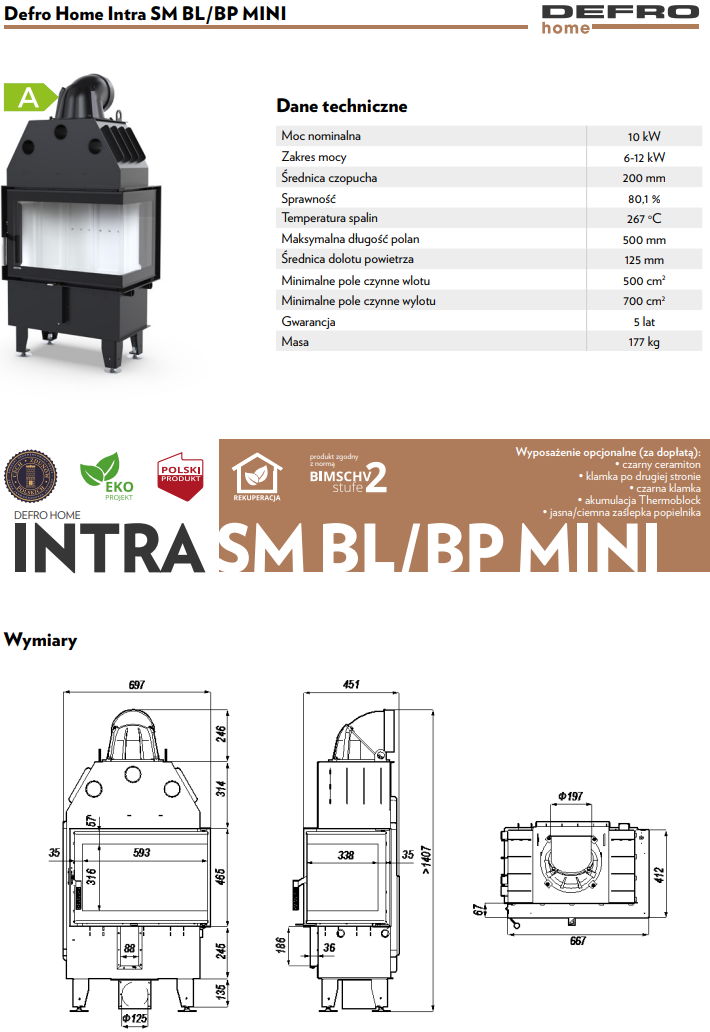 Rysunek techniczny wkładu kominkowego Defro Home Intra S BL MINI