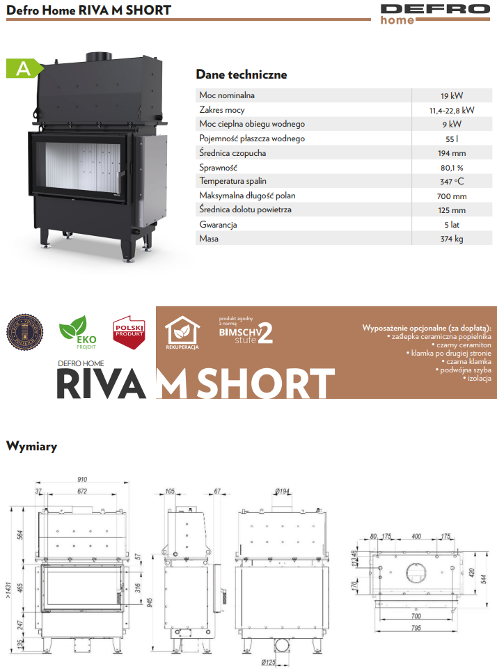 Rysunek techniczny wkładu kominkowego Defro Home Riva M Short