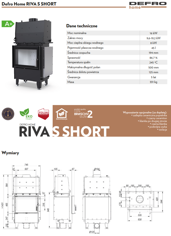 Rysunek techniczny wkładu kominkowego Defro Home Riva S Short