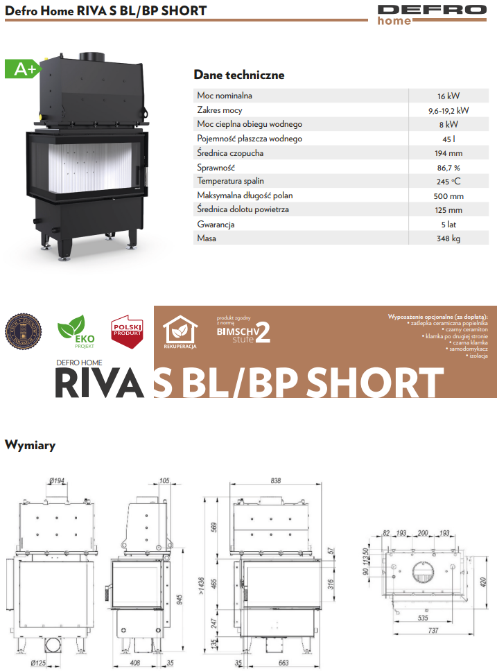 Rysunek techniczny wkładu kominkowego Defro Home Riva S BP Short