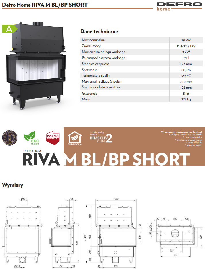 Rysunek techniczny wkładu kominkowego Defro Home Riva M BP Short