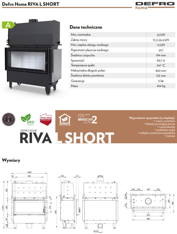 Rysunek techniczny wkładu kominkowego Defro Home Riva L Short