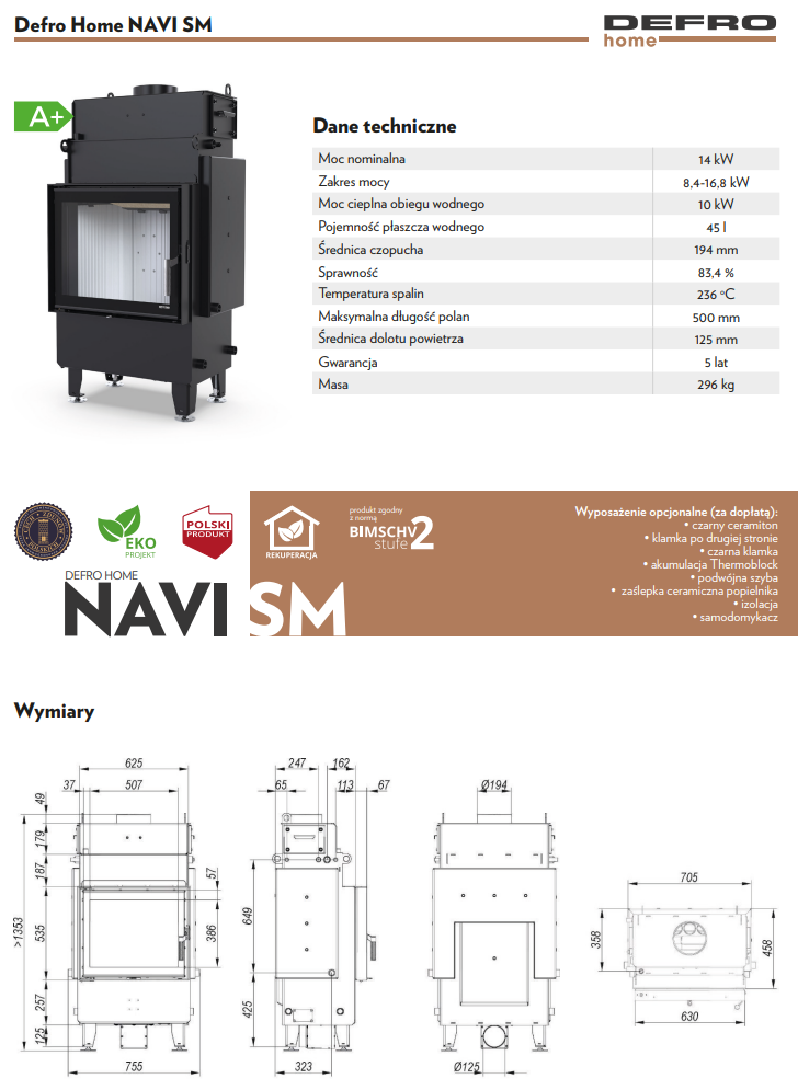 Rysunek techniczny wkładu kominkowego Defro Home Navi SM