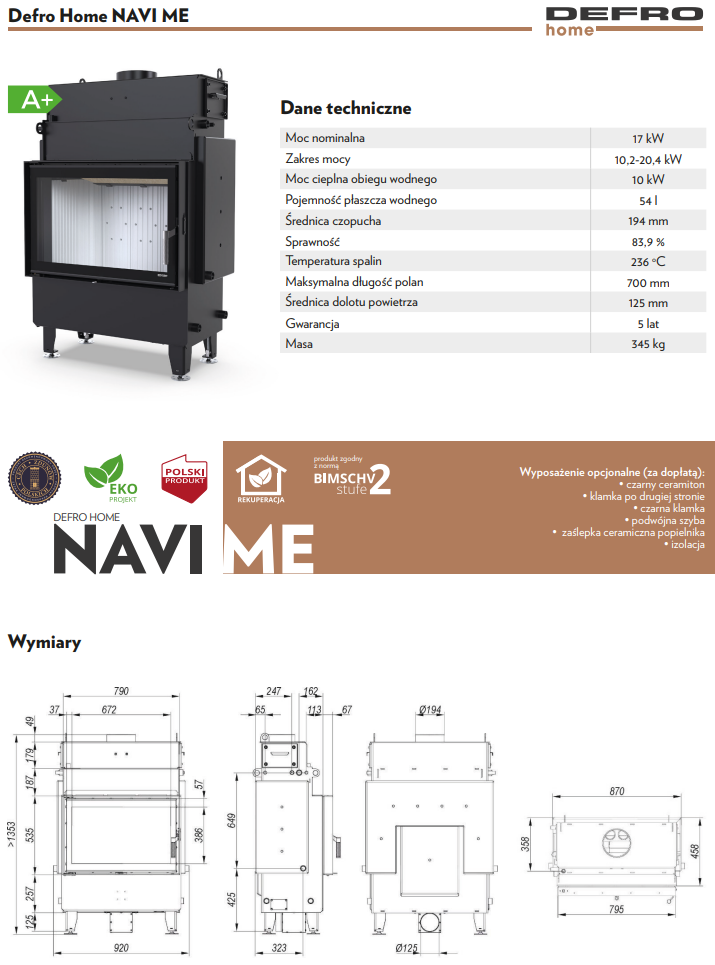Rysunek techniczny wkładu kominkowego Defro Home Navi ME