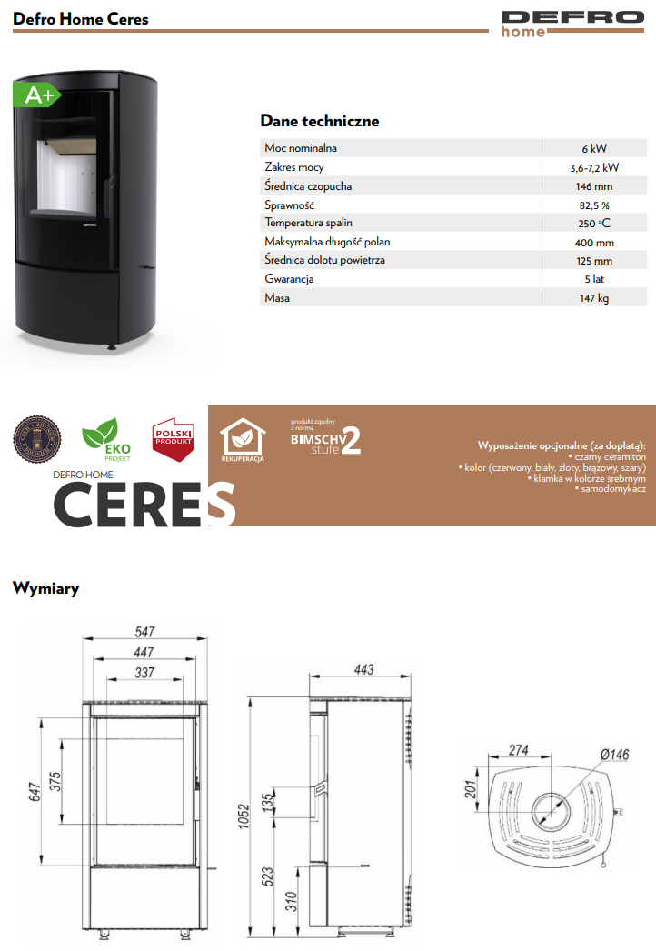 Rysunek techniczny pieca wolnostojącego Defro Home Ceres
