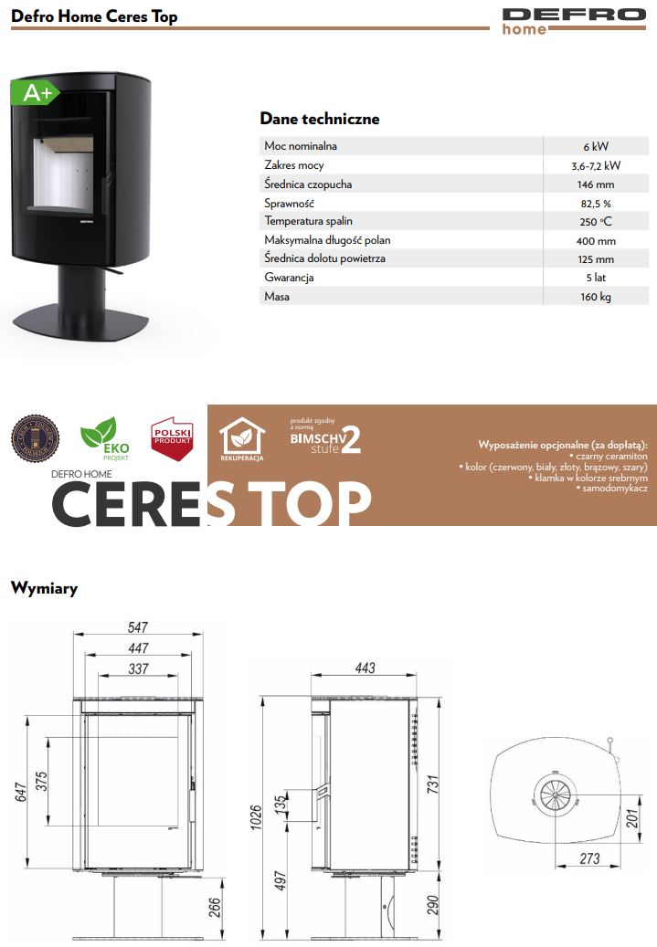 Rysunek techniczny pieca wolnostojącego Defro Home Ceres TOP