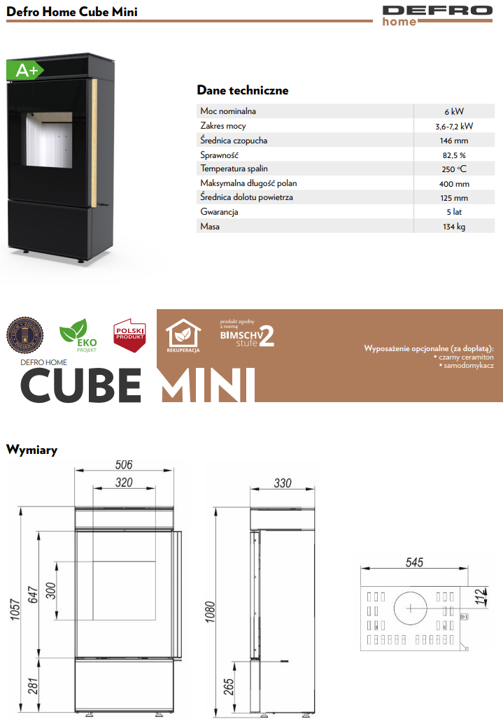 Rysunek techniczny pieca wolnostojącego Defro Home Cube Mini