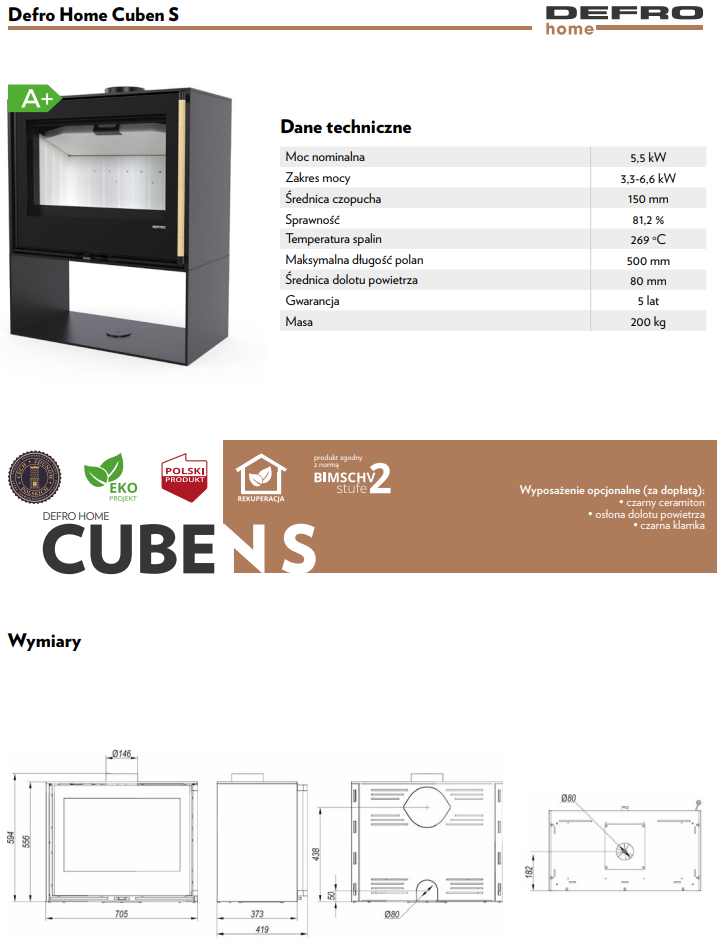 Rysunek techniczny pieca wolnostojącego Defro Home Cuben S