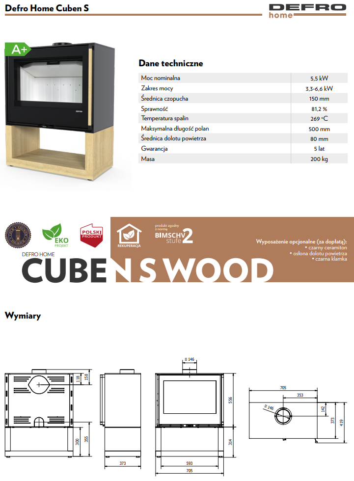 Rysunek techniczny pieca wolnostojącego Defro Home Cuben S Wood