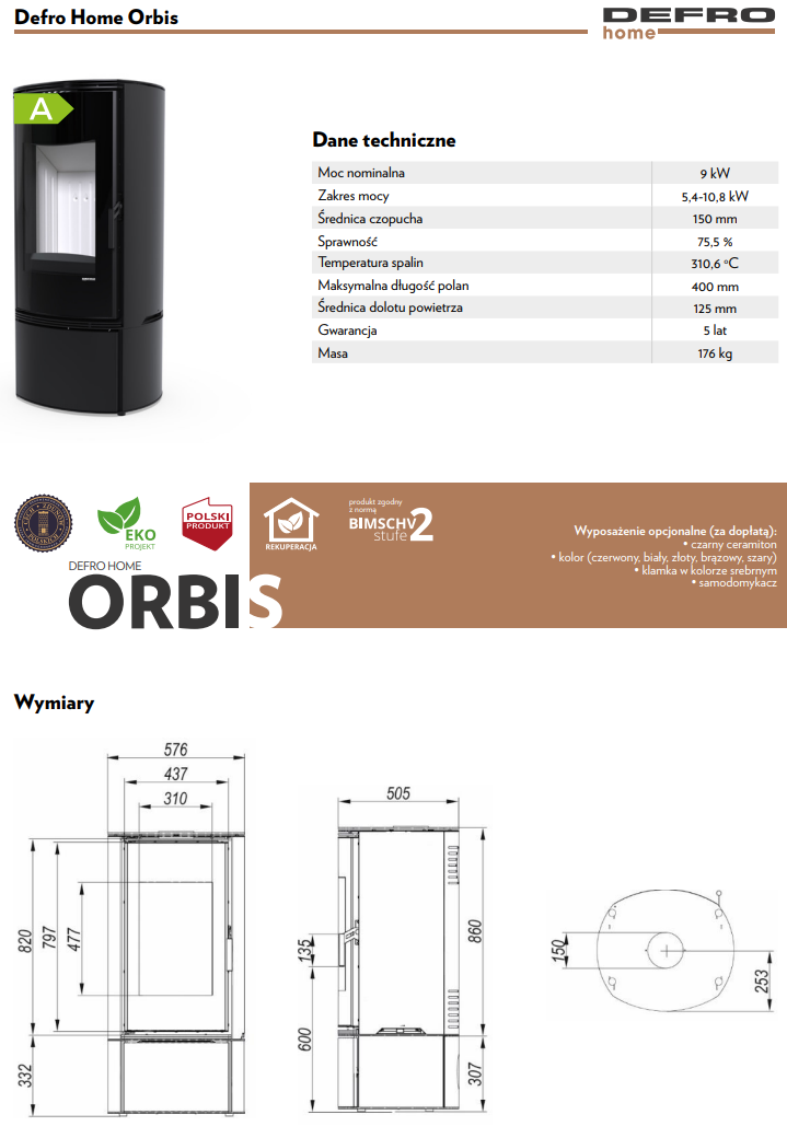 Rysunek techniczny pieca wolnostojącego Defro Home Orbis