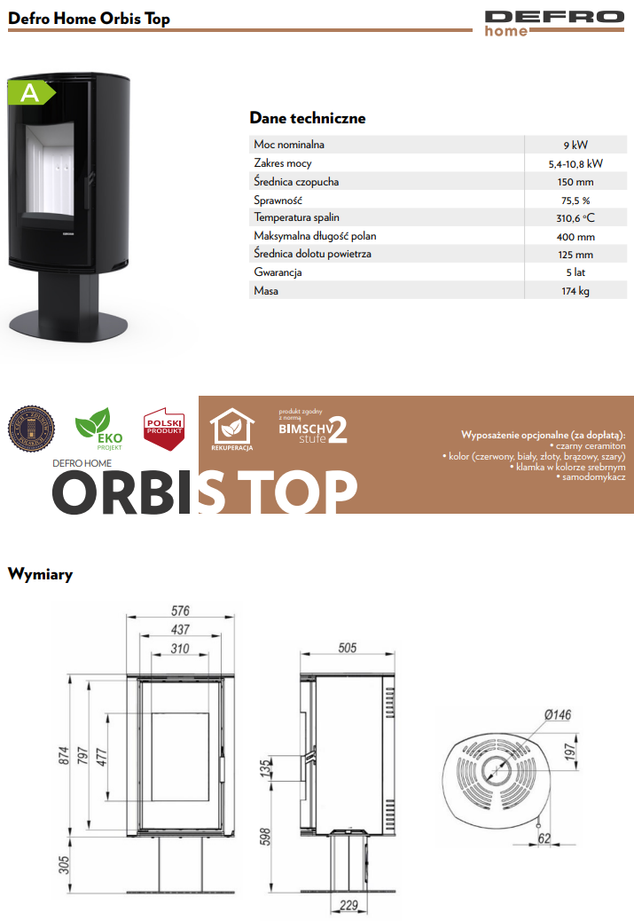 Rysunek techniczny pieca wolnostojącego Defro Home Orbis Top