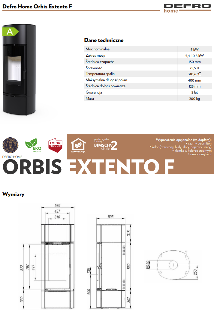 Rysunek techniczny pieca wolnostojącego Defro Home Orbis Extento F