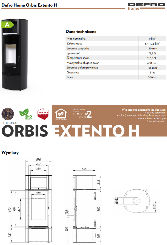 Rysunek techniczny pieca wolnostojącego Defro Home Orbis Extento H