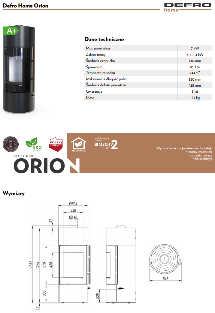 Rysunek techniczny pieca wolnostojącego Defro Home Orion