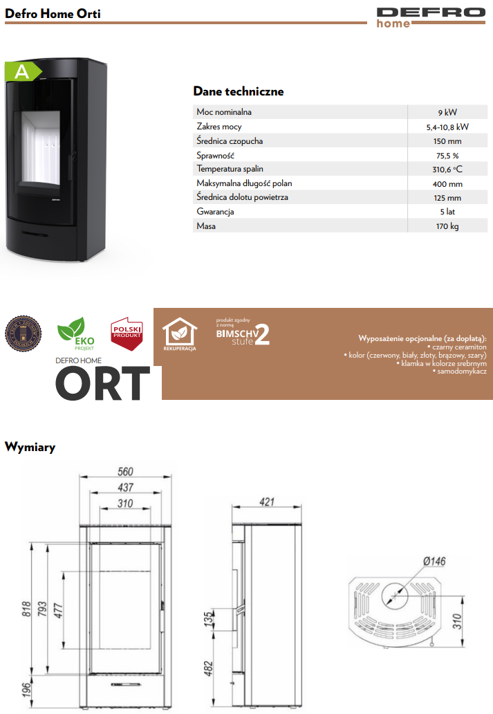Rysunek techniczny pieca wolnostojącego Defro Home Orti