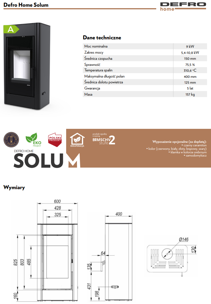 Rysunek techniczny pieca wolnostojącego Defro Home Solum
