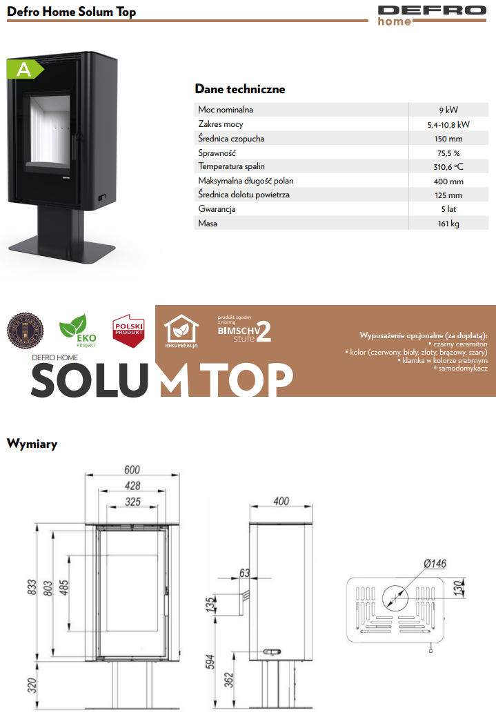 Rysunek techniczny pieca wolnostojącego Defro Home Solum Top