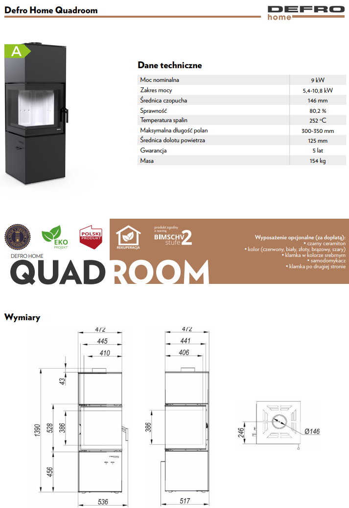 Rysunek techniczny pieca wolnostojącego Defro Home Quadroom