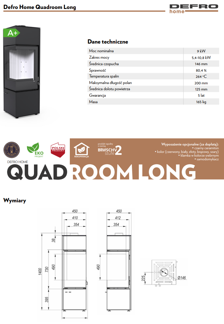 Rysunek techniczny pieca wolnostojącego Defro Home Quadroom Long