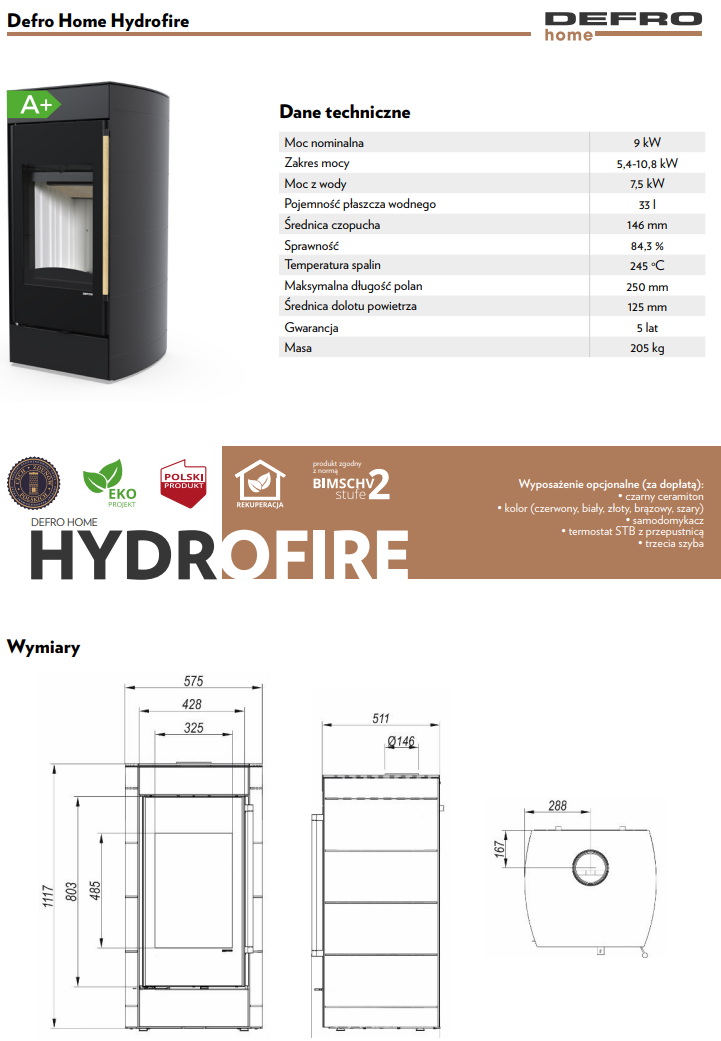 Rysunek techniczny pieca wolnostojącego Defro Home Hydrofire