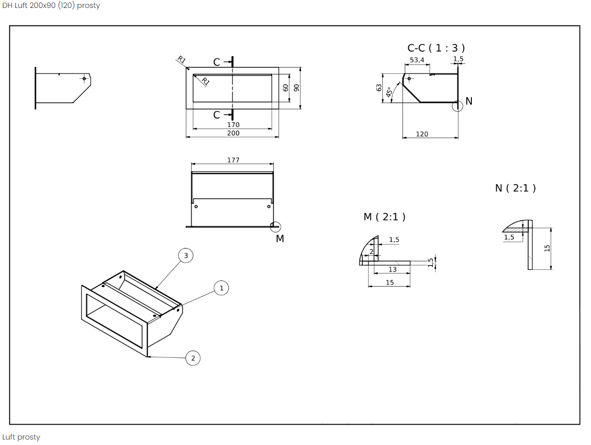 rysunek techniczny luftu kominkowego Defro Home 200x90 pole czynne 84 cm2