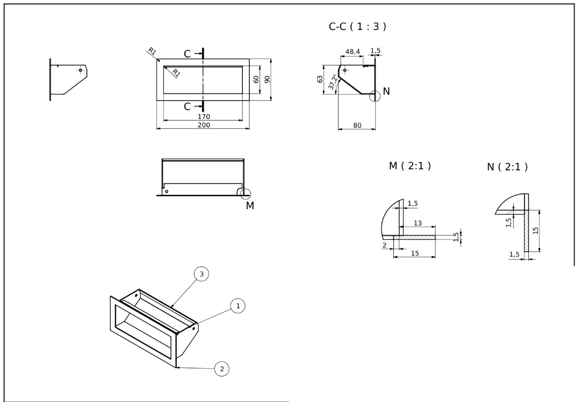 rysunek techniczny luftu kominkowego Defro Home 200x90 pole czynne 84 cm2