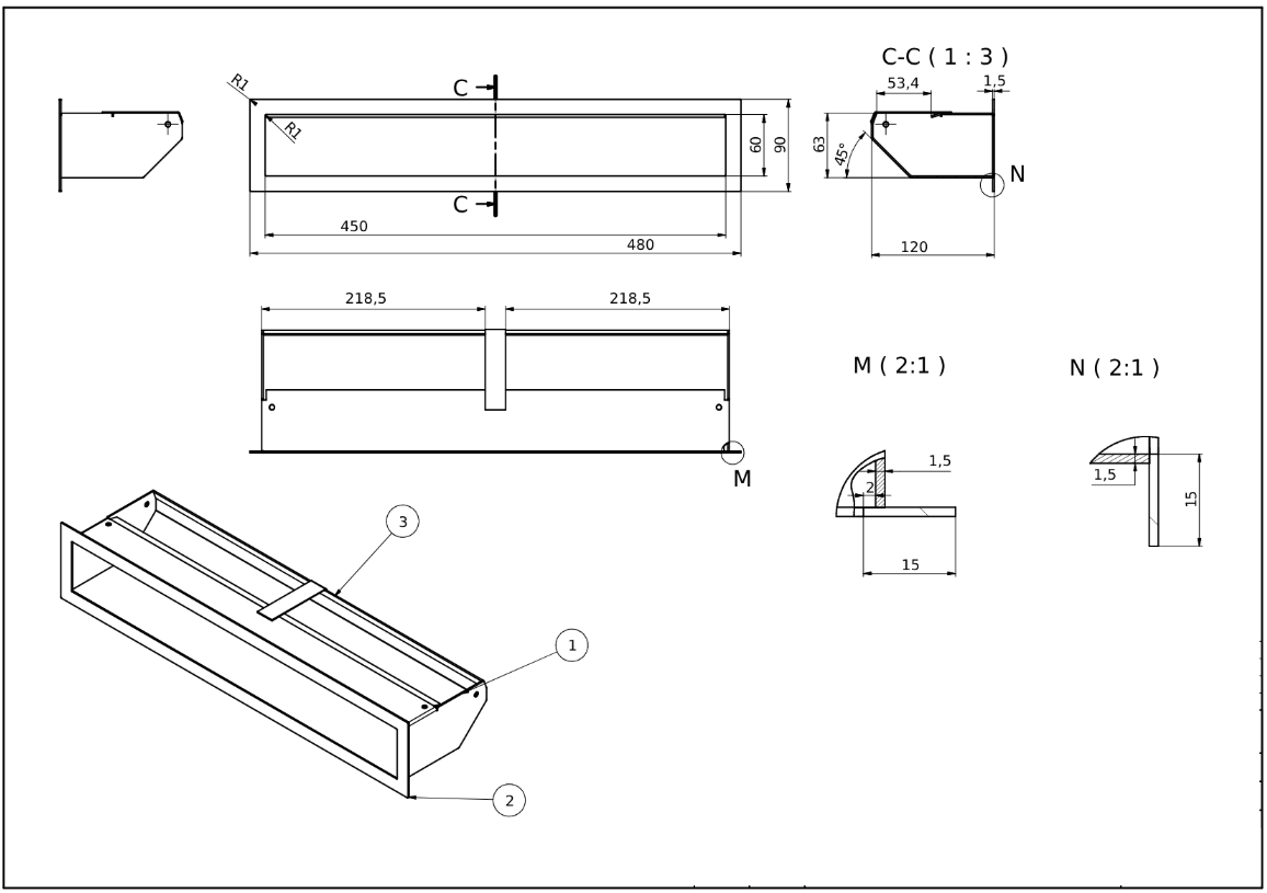 rysunek techniczny luftu kominkowego Defro Home 480x90 pole czynne 321 cm2