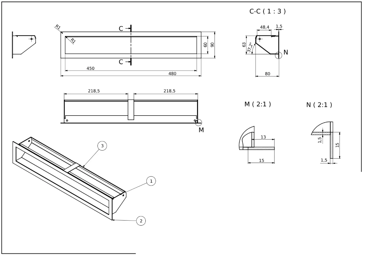 rysunek techniczny luftu kominkowego Defro Home 480x90 pole czynne 210 cm2