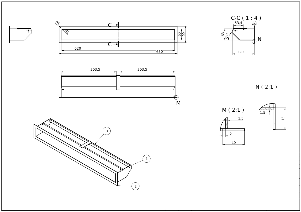 rysunek techniczny luftu kominkowego Defro Home 650x90 pole czynne 322 cm2